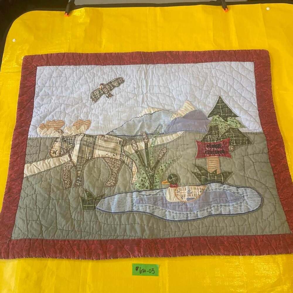 Vintage Handmade Appliqué Moose and Waterfowl Cabin Quilt Wall Hanging